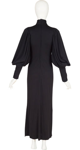 1970s Black Jersey Leg of Mutton Sleeve Gown