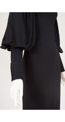 1970s Black Jersey Leg of Mutton Sleeve Gown