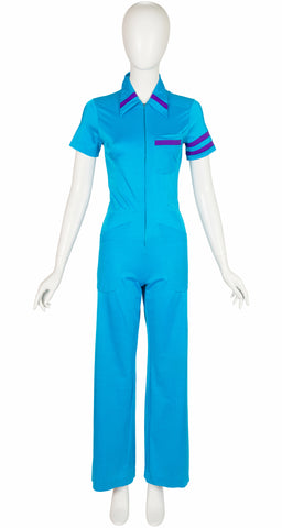 1970s Striped Blue Collared Zip-Up Jumpsuit