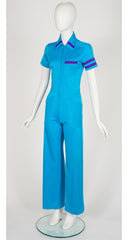 1970s Striped Blue Collared Zip-Up Jumpsuit