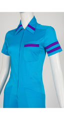 1970s Striped Blue Collared Zip-Up Jumpsuit