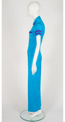 1970s Striped Blue Collared Zip-Up Jumpsuit