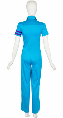 1970s Striped Blue Collared Zip-Up Jumpsuit