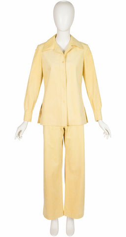 1973 S/S Pale Yellow Ultrasuede Collared Pant Suit