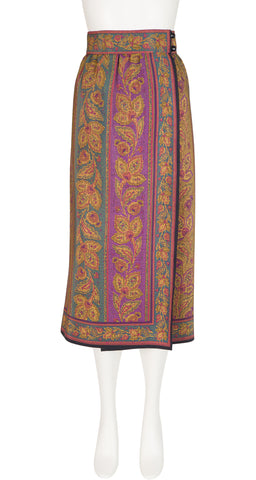 1980s Needlepoint Print Silk Wrap Midi Skirt