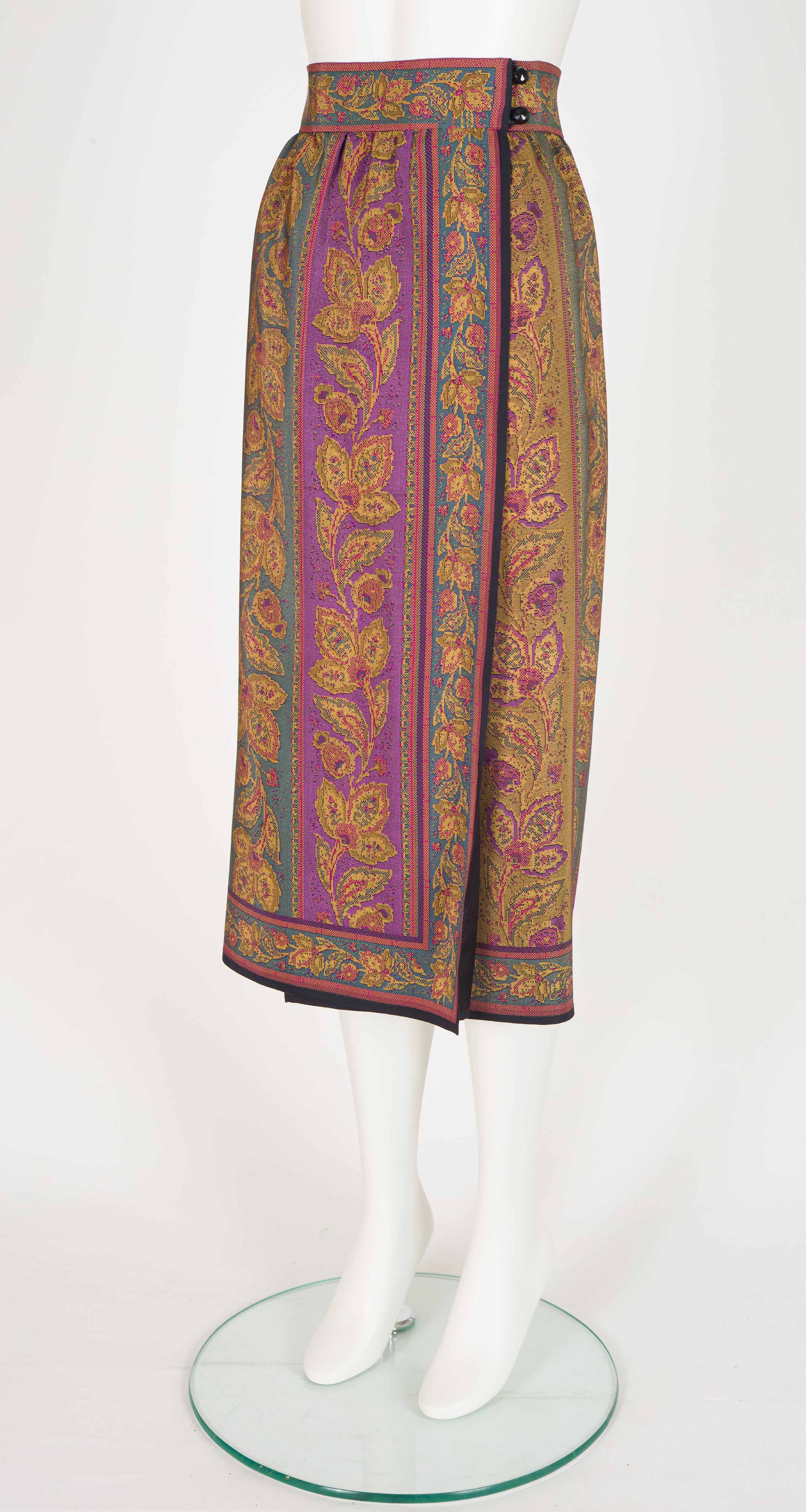 1980s Needlepoint Print Silk Wrap Midi Skirt