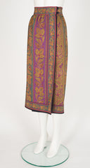 1980s Needlepoint Print Silk Wrap Midi Skirt