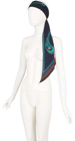 1974-75 F/W Peacock Feather Print Black Silk Long Scarf