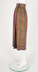 1980s Needlepoint Print Silk Wrap Midi Skirt