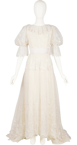 1980s Edwardian-Style Lace Puff Sleeve Wedding Dress