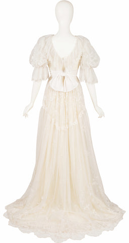 1980s Edwardian-Style Lace Puff Sleeve Wedding Dress