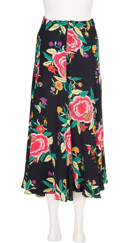 1980s Floral Black Rayon Flounce Midi Skirt