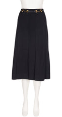 1980s Horsebit Black Wool Gabardine Pleated Skirt