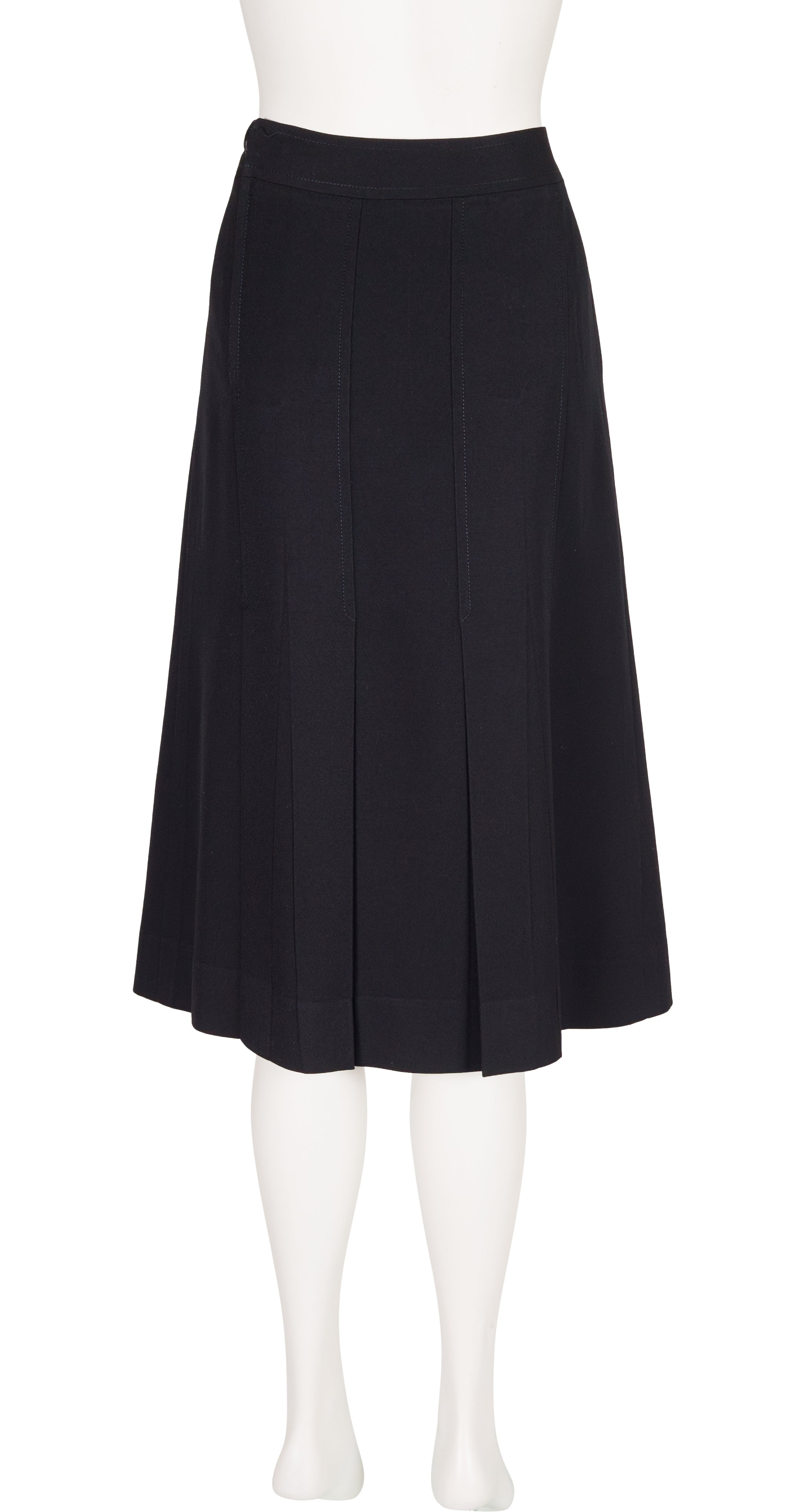 1980s Horsebit Black Wool Gabardine Pleated Skirt