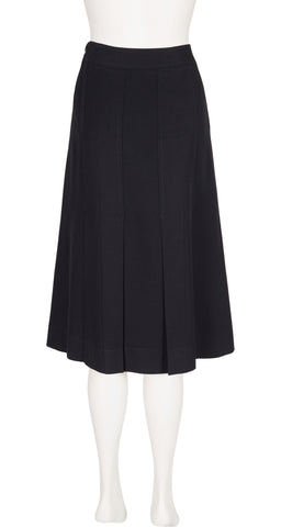 1980s Horsebit Black Wool Gabardine Pleated Skirt