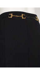 1980s Horsebit Black Wool Gabardine Pleated Skirt