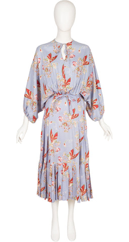 1970s Bird Print Powder Blue Dolman Sleeve Dress