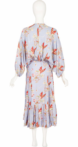 1970s Bird Print Powder Blue Dolman Sleeve Dress