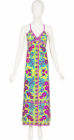 1974 S/S Floral Green Silk Cross-Back Maxi Dress