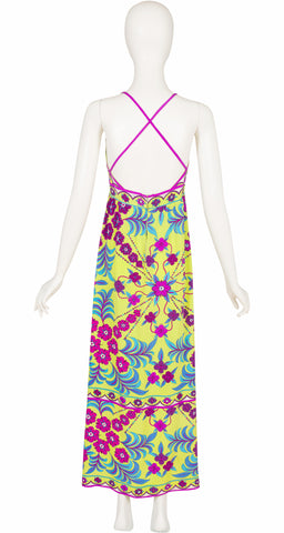1974 S/S Floral Green Silk Cross-Back Maxi Dress