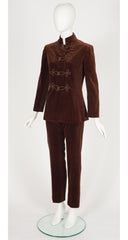 1960s Brown Cotton Velvet Frog Closure Pant Suit