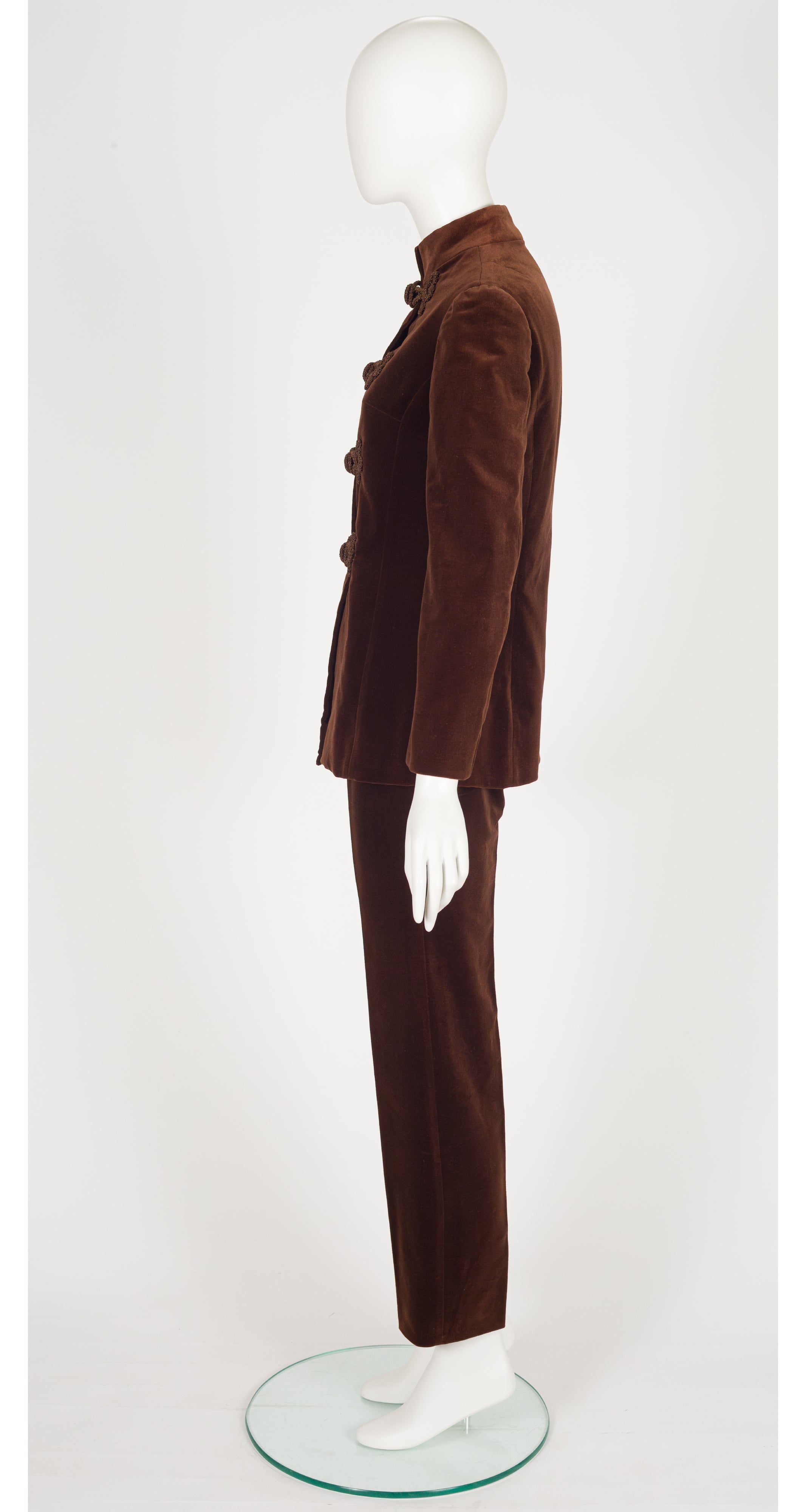 1960s Brown Cotton Velvet Frog Closure Pant Suit