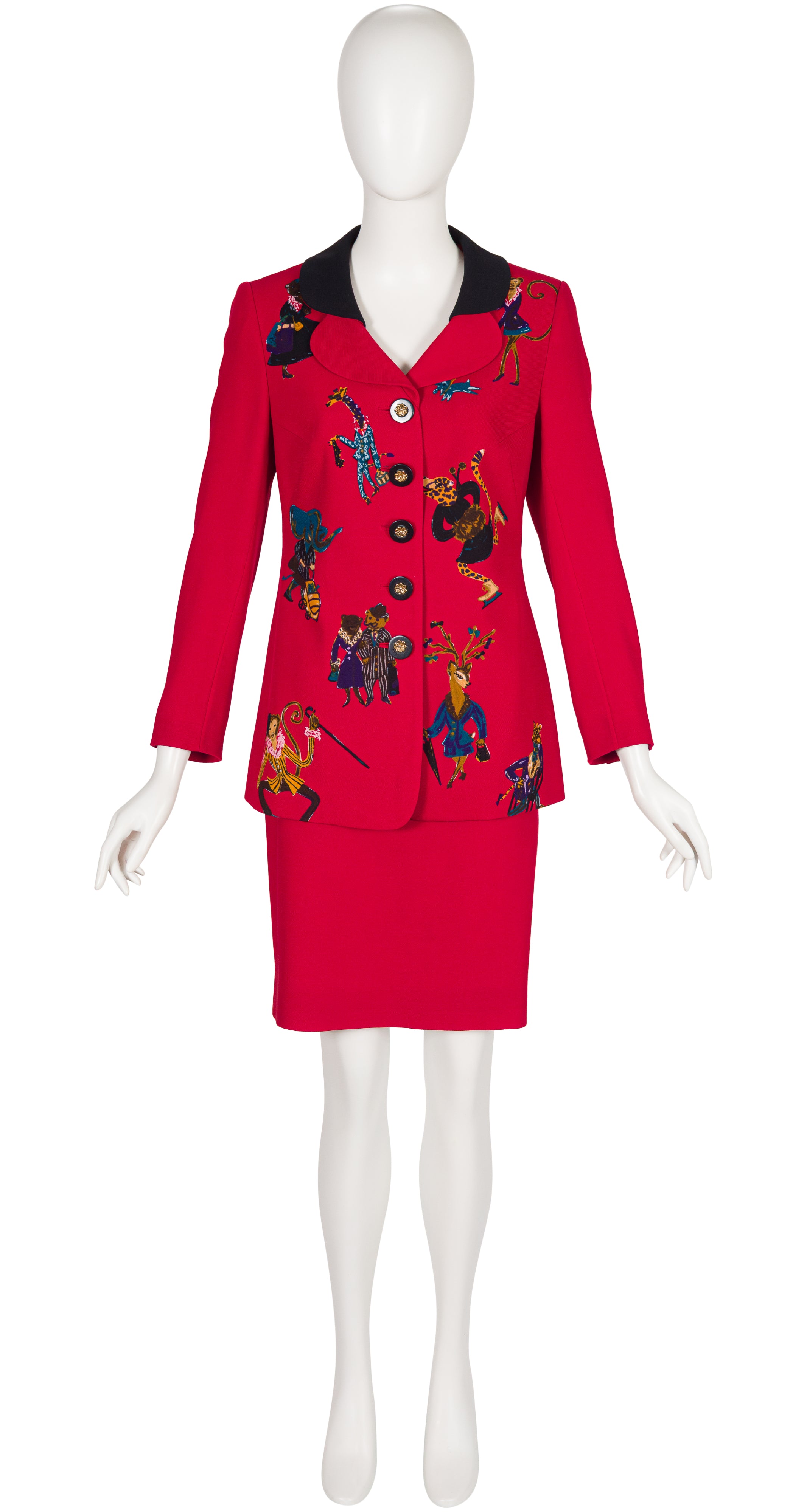 1990s Animal Novelty Print Red Wool Skirt Suit