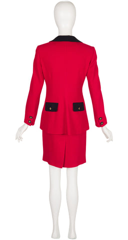 1990s Animal Novelty Print Red Wool Skirt Suit