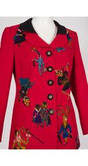 1990s Animal Novelty Print Red Wool Skirt Suit