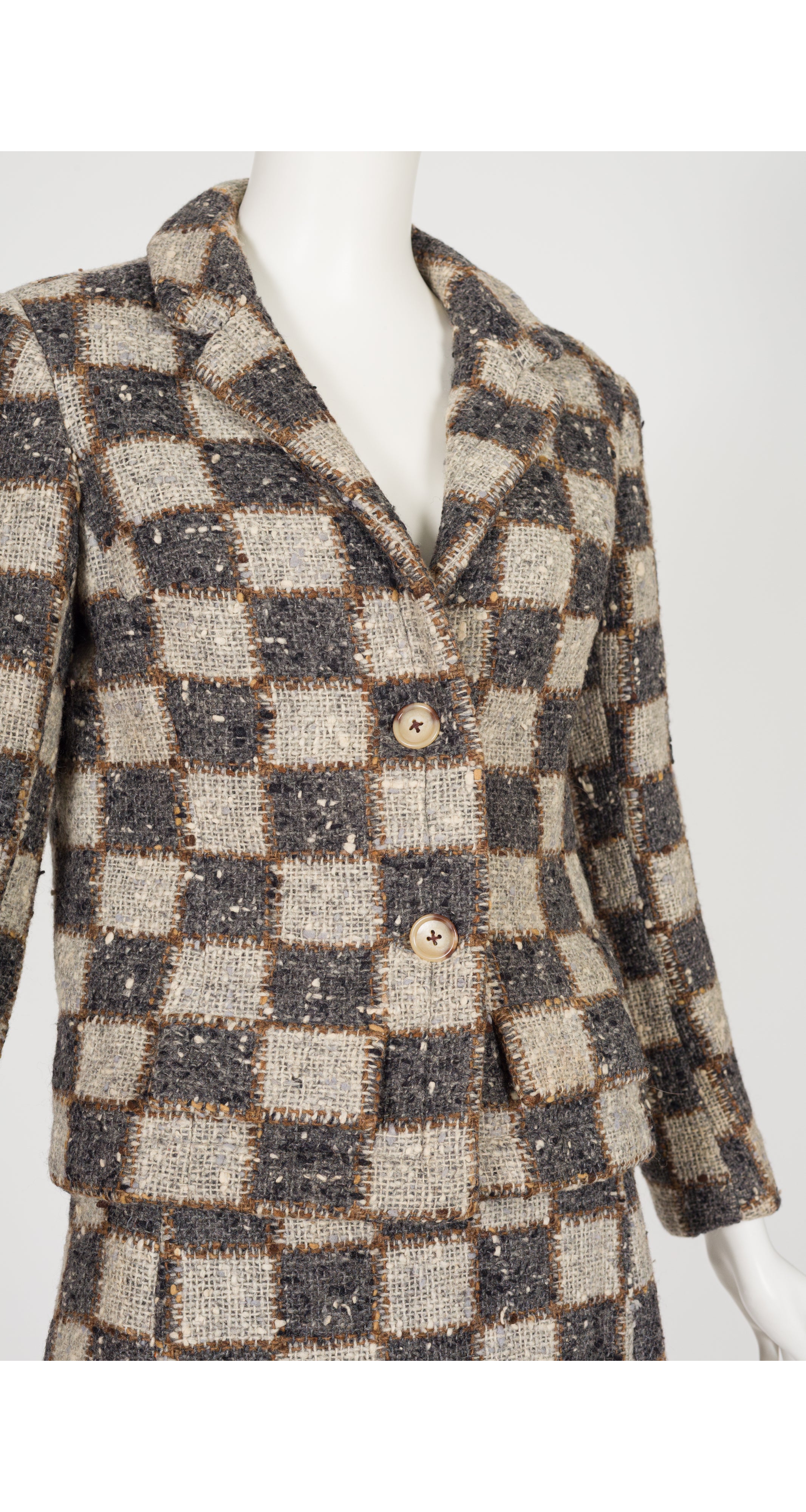 1966-67 F/W Checkered Gray Wool Bouclé Skirt Suit