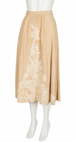 1970s Antique Lace Trim Suede Bell Sleeve Skirt Set