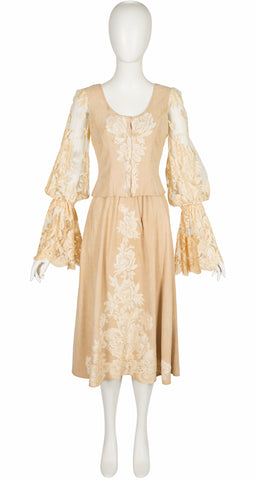 1970s Antique Lace Trim Suede Bell Sleeve Skirt Set