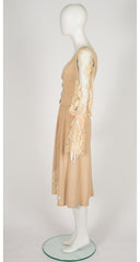 1970s Antique Lace Trim Suede Bell Sleeve Skirt Set