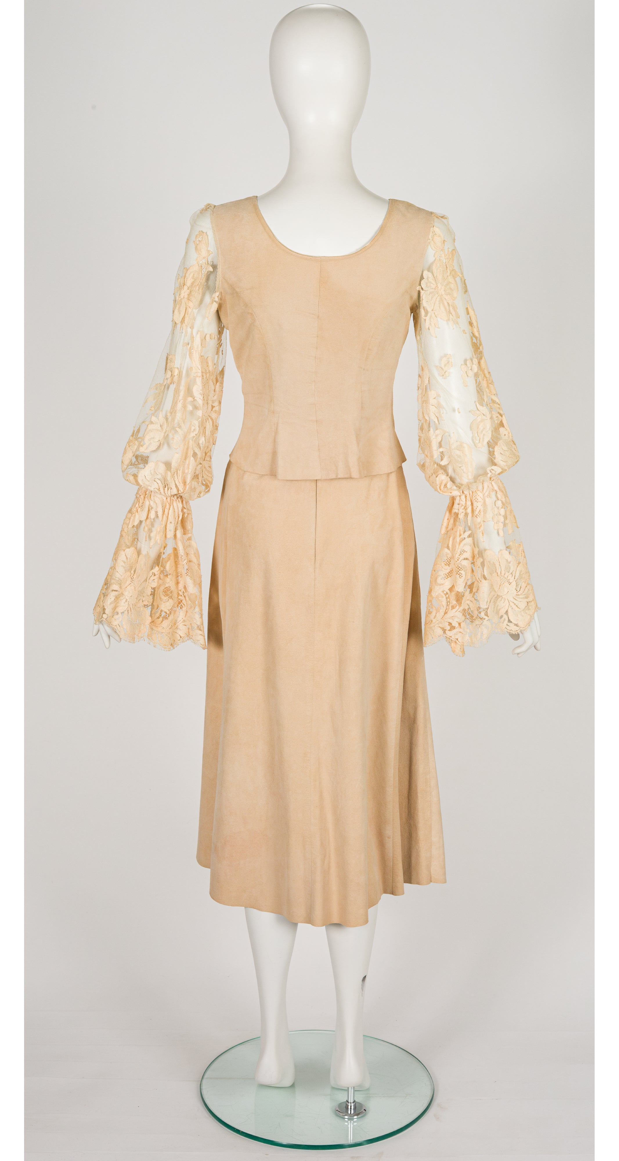 1970s Antique Lace Trim Suede Bell Sleeve Skirt Set