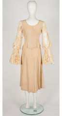 1970s Antique Lace Trim Suede Bell Sleeve Skirt Set