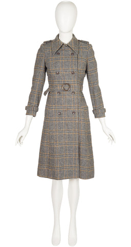 1970s Gray Plaid Wool Double-Breasted Trench Coat
