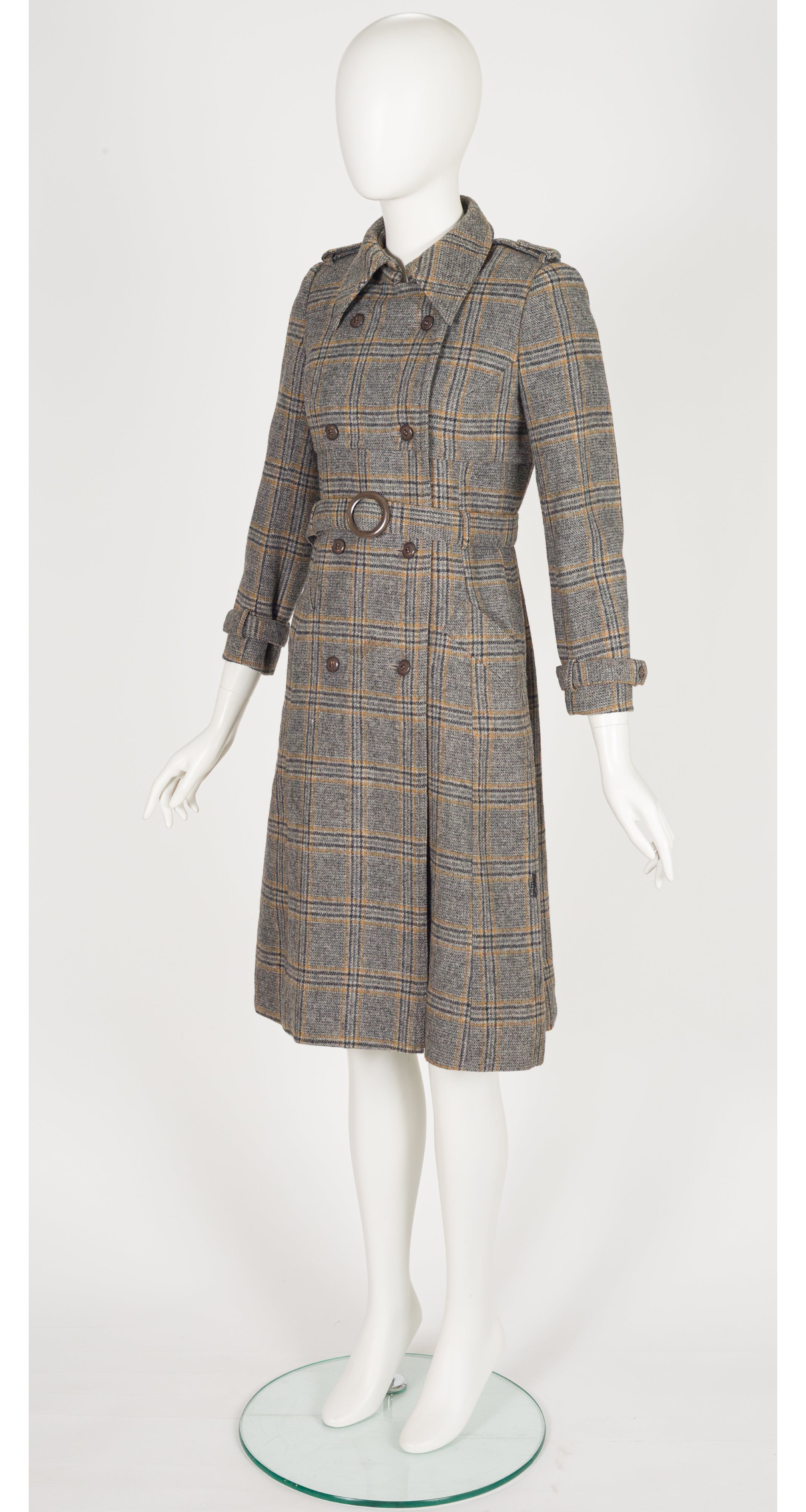 1970s Gray Plaid Wool Double-Breasted Trench Coat