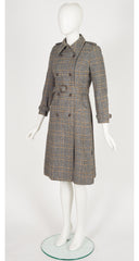 1970s Gray Plaid Wool Double-Breasted Trench Coat