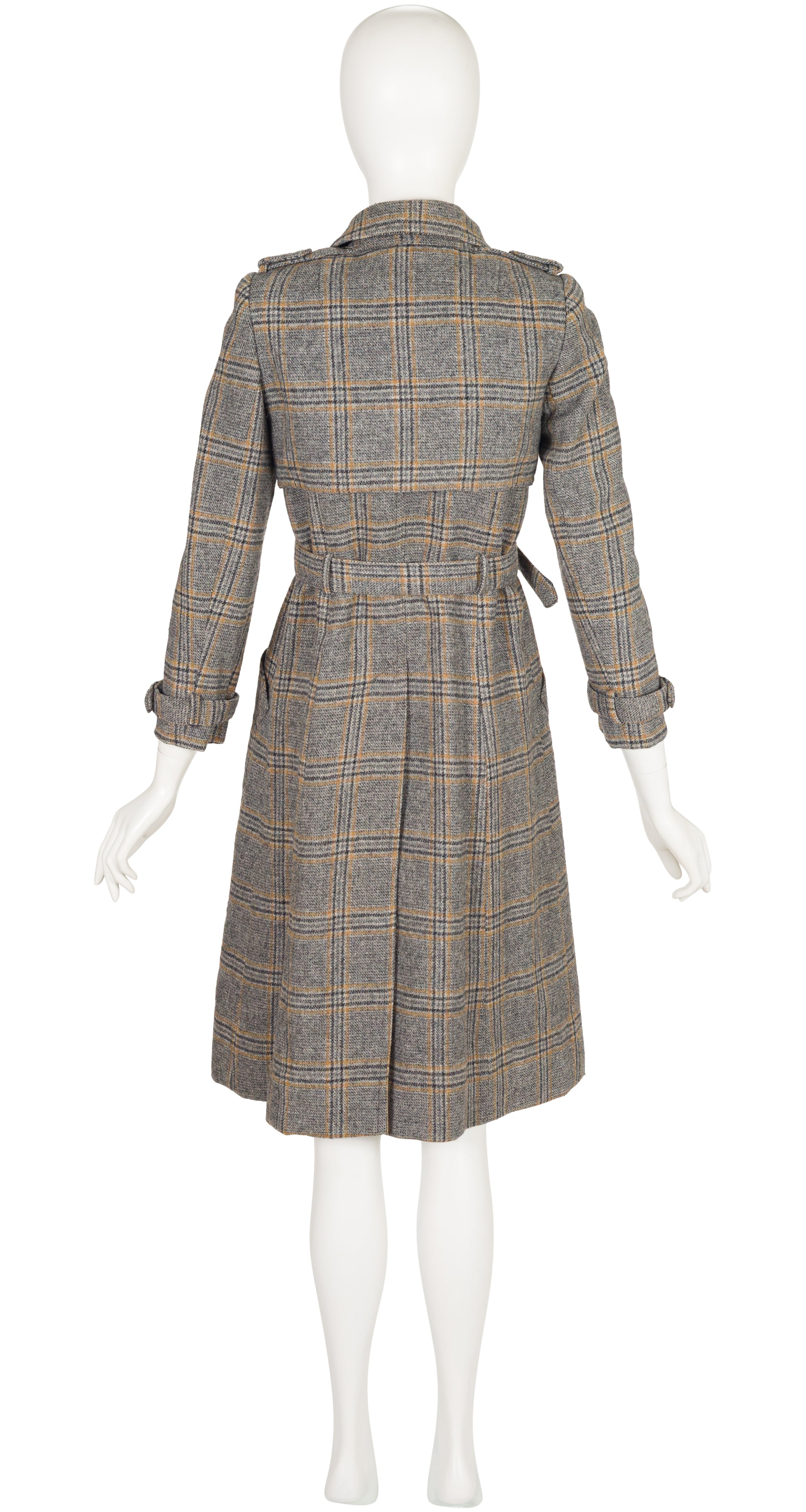 1970s Gray Plaid Wool Double-Breasted Trench Coat