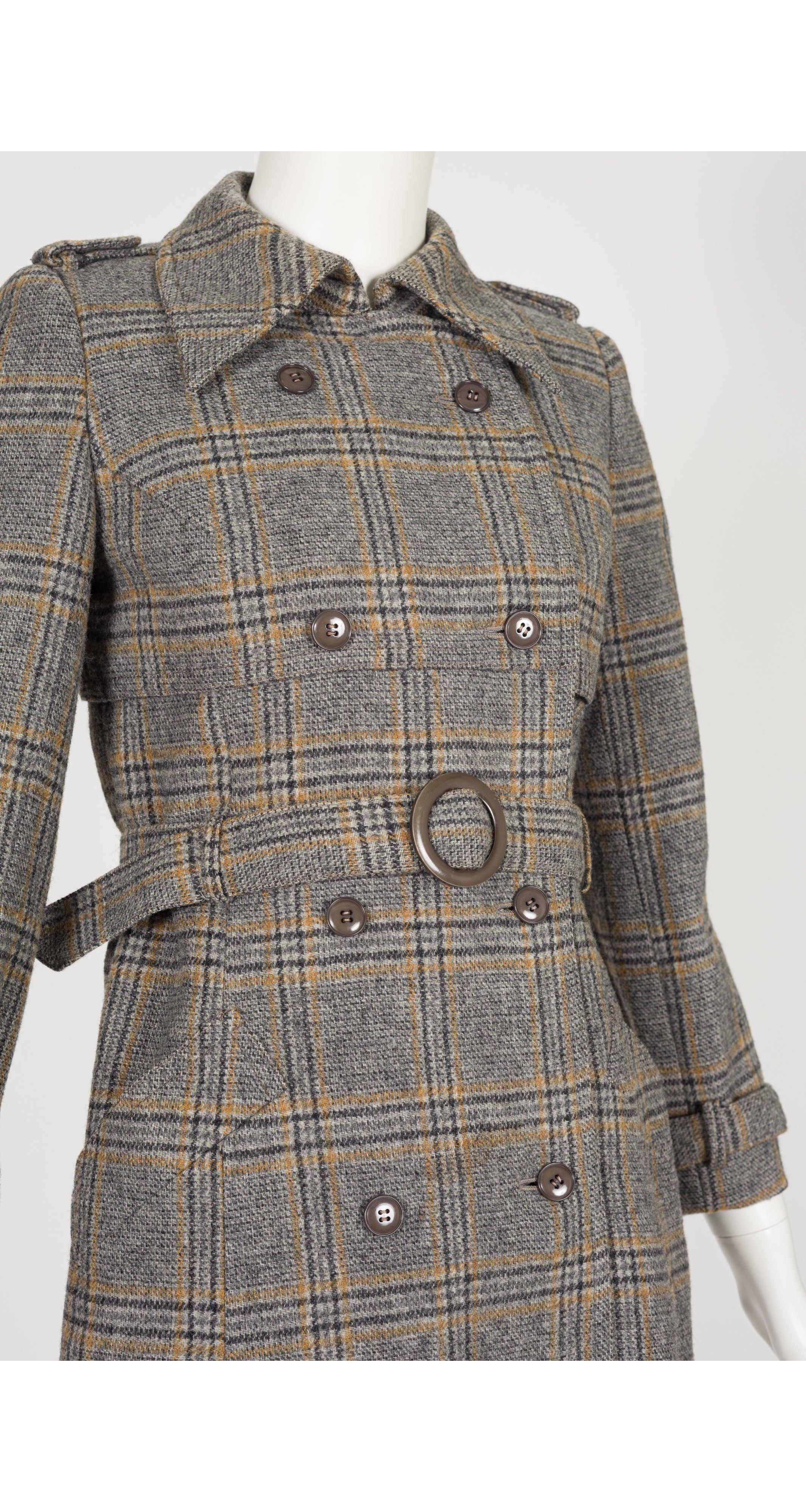1970s Gray Plaid Wool Double-Breasted Trench Coat