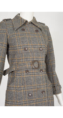 1970s Gray Plaid Wool Double-Breasted Trench Coat
