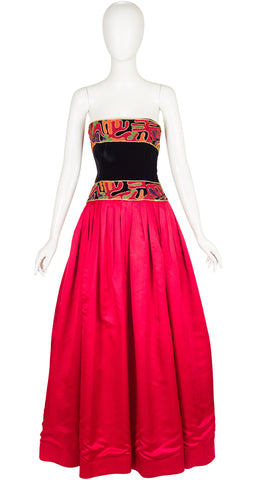 1980s Abstract Soutache Trim Red Silk Satin Bustier Gown