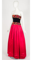 1980s Abstract Soutache Trim Red Silk Satin Bustier Gown