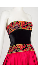 1980s Abstract Soutache Trim Red Silk Satin Bustier Gown