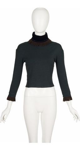 1980s Dark Green Wool Jersey Fringed Turtleneck