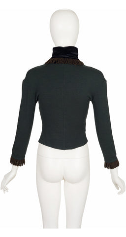 1980s Dark Green Wool Jersey Fringed Turtleneck