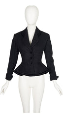 1950s Black Mohair Velvet Trim Peplum Jacket