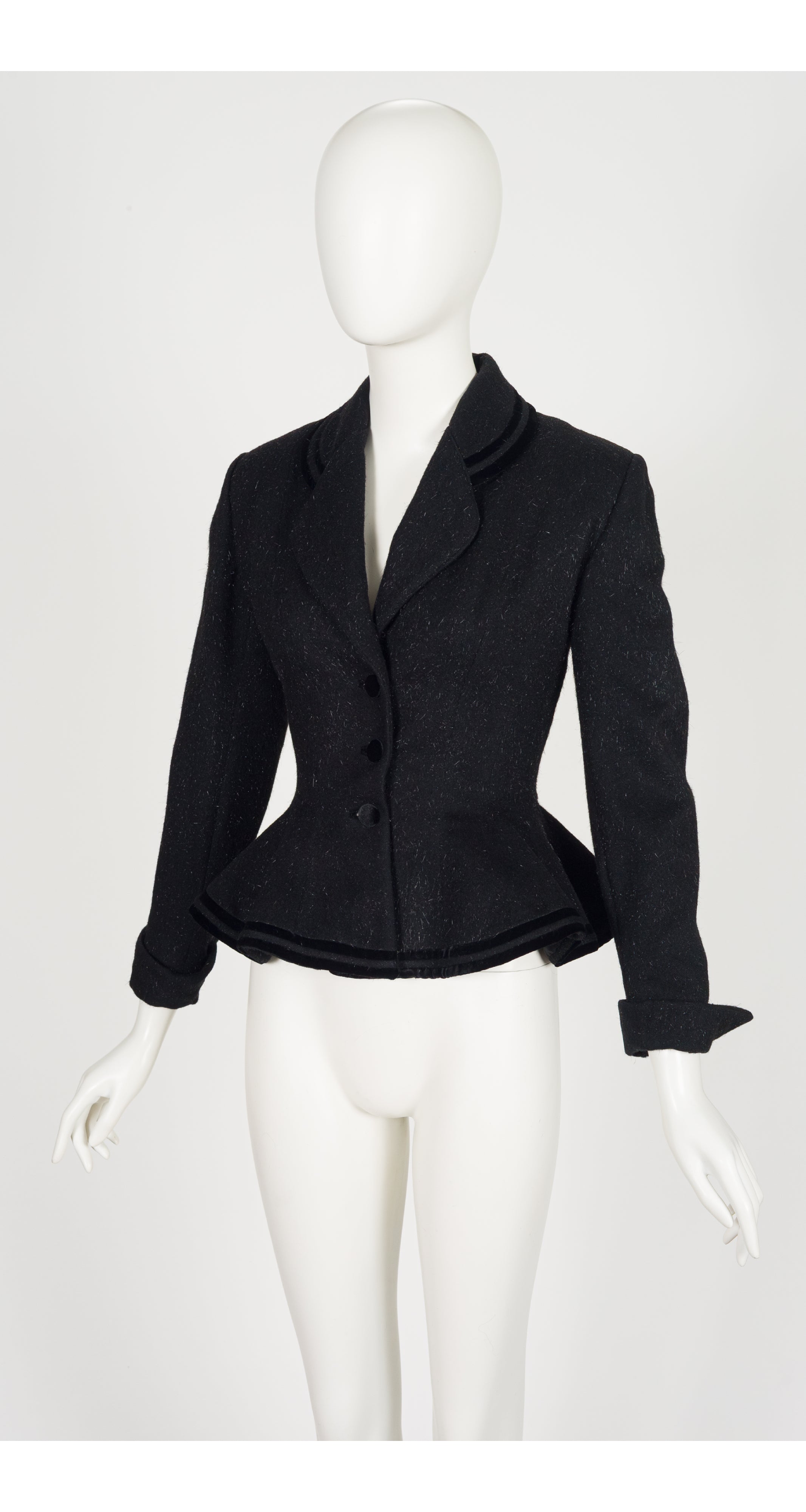 1950s Black Mohair Velvet Trim Peplum Jacket