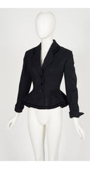 1950s Black Mohair Velvet Trim Peplum Jacket
