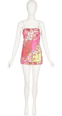 1960s Pink Floral Border Print Sleeveless Romper